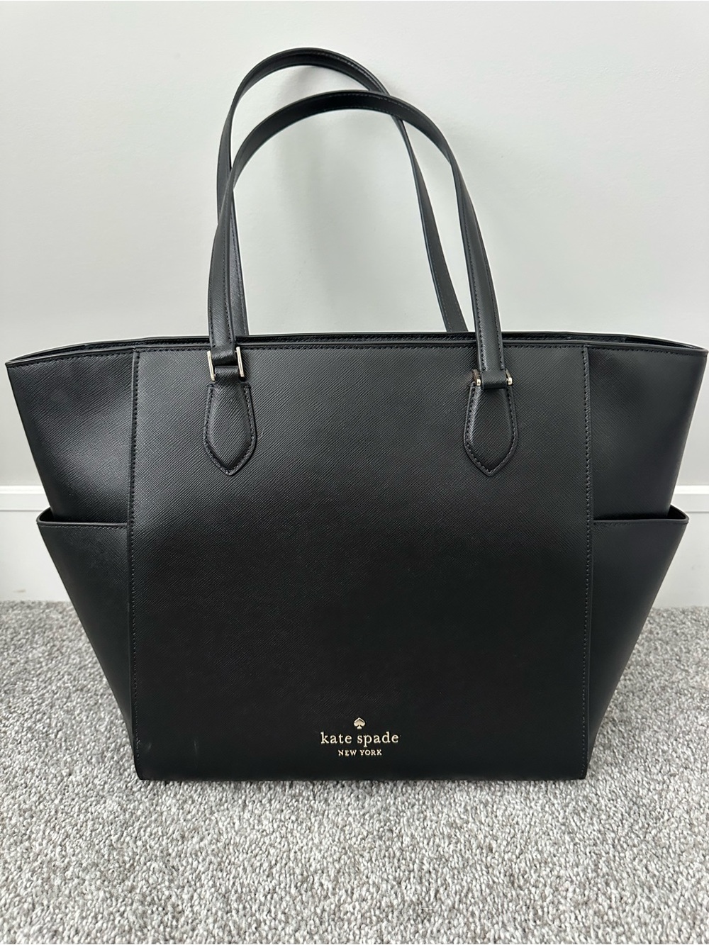 kate spade Black Leather Saffiano Tote with Gold Logo